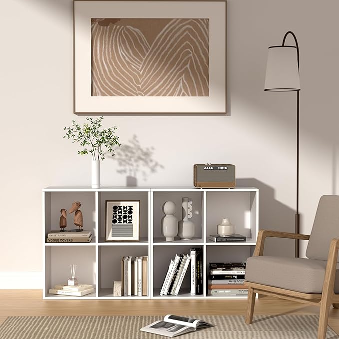 4 Cube Storage Organizer with Legs, 2 Tier Cube Low Bookcase Freestanding Storage Display Organizer for Home Office, Four-Cubes Open Shelf Short Bookshelf (White, 4 Cube)