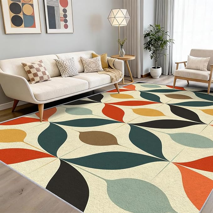 Mid Century Rug 4x6 Geometric Bohemian Retro Vintage Pattern Area Rugs for Living Room, Bedroom, Mid Century Home Decor Accessories Indoor Carpet, Non Slip & Machine Washable, GD0696