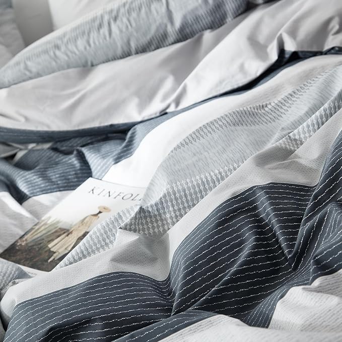 mixinni Geometric Striped Duvet Cover Set - 100% Natural Cotton, Grey & White Stripes, Twin Size, 3-Piece Bedding Set with Zipper Closure