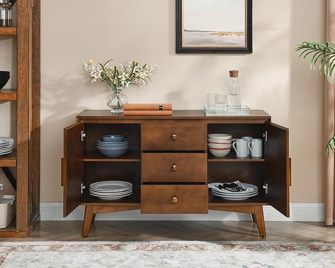 LKTART 47.3" Mid Century Modern Sideboard Buffet Cabinet with Solid Wood Frame&Legs,Accent Storage Cabinet with 2 Doors and 3 Drawers for Kitchen,Entryway,Walnut