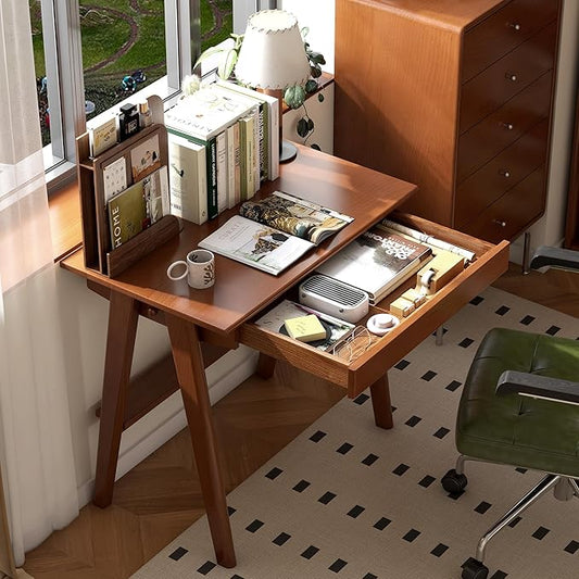 YESWOOD 100% Solid Rubber Wood Desk, Mid Century Modern Writing Computer Desk in Walnut Finish with Drawer for Home Office, Sturdy Room, Bedroom 31.49" W Teak