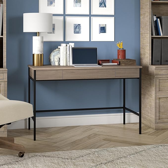 Henn&Hart 48" Fluted Mid-Century Modern Rectangular Wooden Home Office Desk Computer Desk Writing Table with 3 Ribbed Storage Drawers for Bedroom, Living Room, or Home Office, Weathered Gray