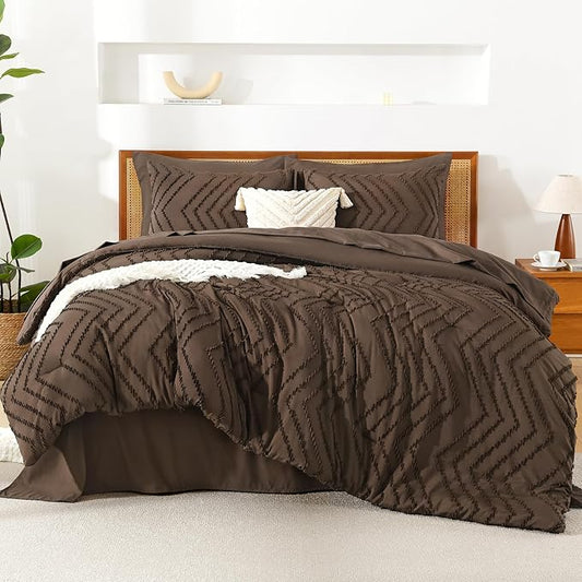 Litanika California King Size Comforter Set with Sheets Brown - 7 Pieces Bed in a Bag Cal King Chevron Tufted Complete Bedding Sets with Comforter, Sheets, Pillowcases & Shams