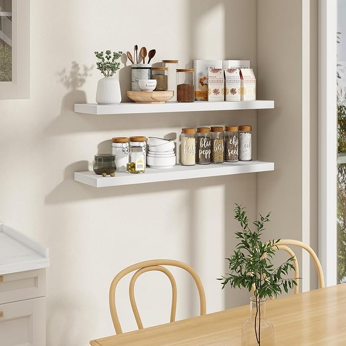Fun Memories 48 Inch Floating Shelves in White, 9.3 Inch Deep Floating Shelf for Bathroom Living Room Kitchen, Rusitc Wall Mounted Bathroom Shelves 1 Pack, Heavy-Duty Deep Shelf for Books Decor