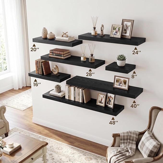 RICHFOCUS 40Inch Floating Shelves for Wall 1 Pack Shelves for Bedroom|Kitchen|Bathroom|Laundry Room Rustic Wood Wall Mounted Shelf with Invisible Brackets for Books|Storage|Decor, Black