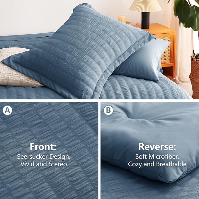 CozyLux Full Size Comforter Sets Grayish Blue, 7 Pieces Seersucker Textured Bed in a Bag Dusty Blue, All Season Bedding Sets with Down Alternative Comforter, Sheets, Pillowcases & Shams, Home Gift