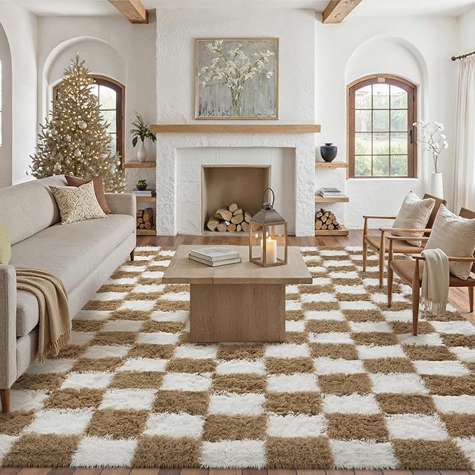 Checkered Rug 7x10 for Living Room, Beige and White Modern Shag Rug Washable Non-Slip Large Area Rug Super Soft Indoor Fuzzy Carpet Fluffy Rugs for Bedroom Home Aesthetic Decor