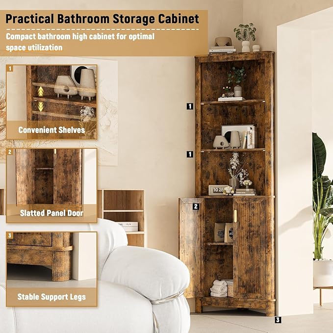 69'' Tall Narrow Storage Cabinet with Adjustable Shelf and Door, Bathroom Storage Cabinet, Space Saver for Bathroom, Kitchen, Living Room, Dark Brown