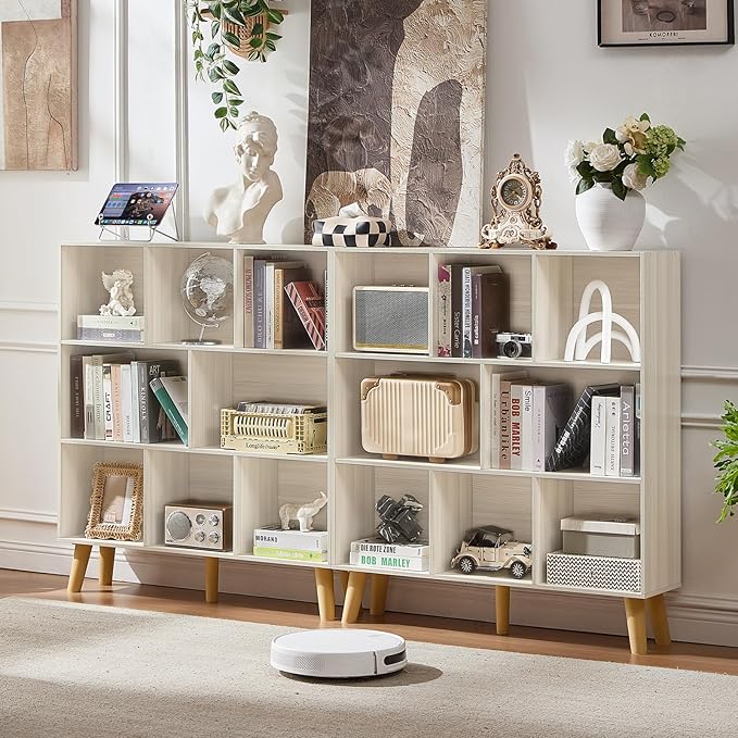 LEYAOYAO 8 Cube Bookshelf,3 Tier Bookcase with Legs,Light Grey White Mid-Century Modern Bookshelves,Large Open Storage Organizer Shelf, Wooden Book Case