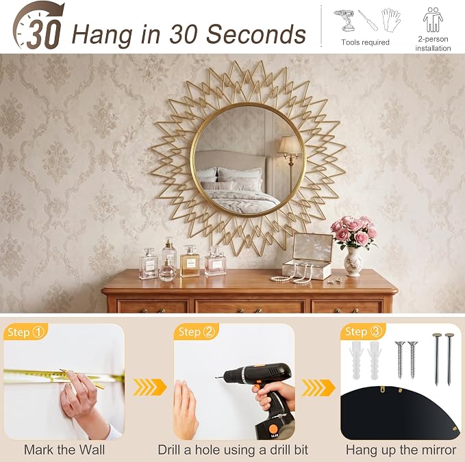 Large Sunburst Wall Mirror 36" - Vintage Gold Metal Frame Round Mirror for Wall - Mid Century Modern Statement Decorative Mirror for Living Room, Entryway, Fireplace Mantel