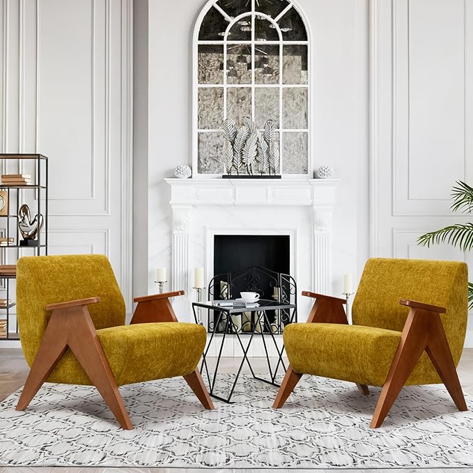 2 Pcs Home Accent Chair Mid Century Modern Accent Chair with Wood Frame, Lounge Upholstered Armchair, Reading Chair, Sturdy Base,For Living Room, Bedroom,Office,Comfy Guest Waiting Room Chairs,Yellow