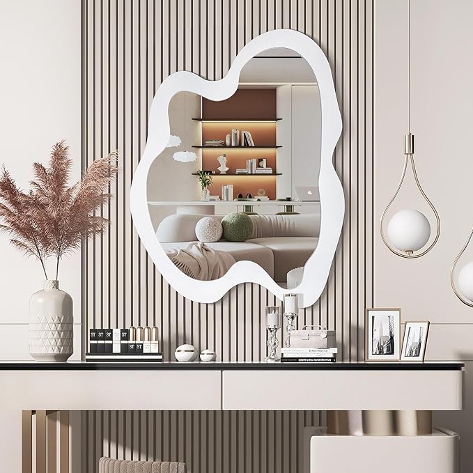 Irregular Wall Mirror - 20" x 28" Asymmetrical Wavy Mirror, Modern Decorative Wall Mirror with Black Wood Frame for Bedroom, Living Room, Entryway, Bathroom, Cloakroom