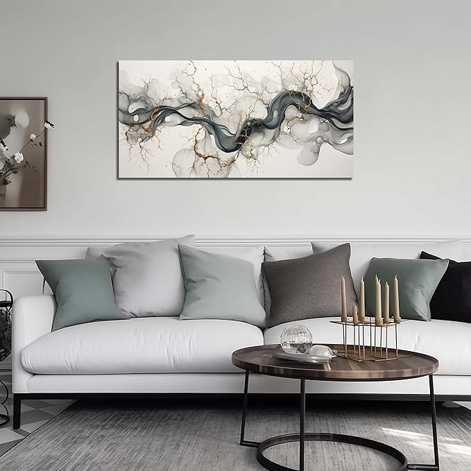 Abstract Wall Art for Living Room Black White and Gold Wall Decor for Office Modern Prints Wall Art for Bedroom Size 20 x 40 Inch