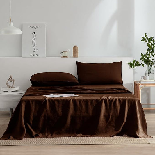 EVERLY Linen Sheets Set Full Size,100% French Stonewash Pure Linen Sheets Set,4Pieces (1Flat Sheet,1Fitted Sheet,2Pillowcase) Suitable for Hot Sleepers,Deep Pocket Natural Bedding Set-Chocolate