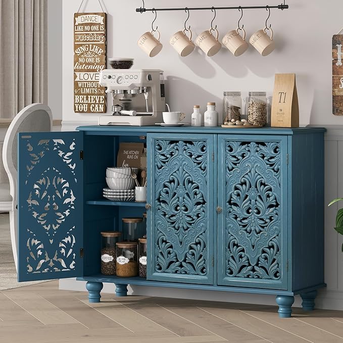 Accent Cabinet with 3 Carved Doors, Distressed Blue Sideboard Buffet with Storage & Solid Wood Legs, 43" Vintage Console Table for Living Room, Entryway, Coffee Bar, Hallway
