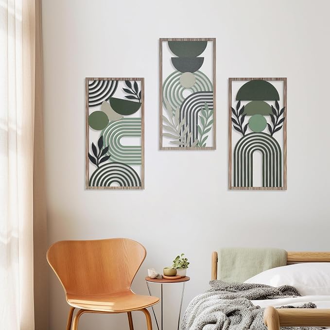 Modern Geometric Wood Wall Art Set of 3, Boho Abstract Mid Century Wall Decor Panels, Green and Black Hanging Decoration for Living Room Bedroom Bathroom Home Office (Modern Minimalist - 11.8 x 5.9 inch)