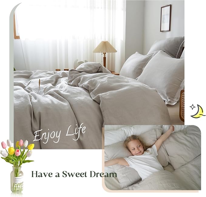 Simple&Opulence 100% Linen Duvet Cover Set, Natural French Flax Light Grey Duvet Cover Twin Size, Breathable Soft Comfy Linen Bedding Comforter Cover with 1 Pillowcase(Light Grey, 68"x86")