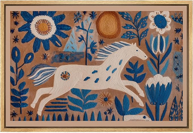 MUDECOR Framed Canvas Print Wall Art Folk Art White Horse with Blue Floral Botanical Illustrations Minimalism Decorative Bohemian Colorful Zen for Living Room, Bedroom, Office - 24"x36" NATURAL