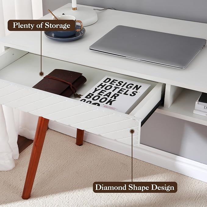 Small White Writing Desk, 42.5 Inch Mid Century Modern Office Desk with Storage, Multifunctional Wooden Study Table Computer Table for Bedroom, Living Room, Home Office