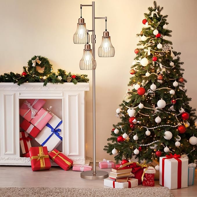 Dimmable Floor Lamps for Living Room, Industrial Tree Standing Tall Lamps with 3 Elegant Cage Shade & 800 Lumens LED Bulbs for Bedroom Office - Brown