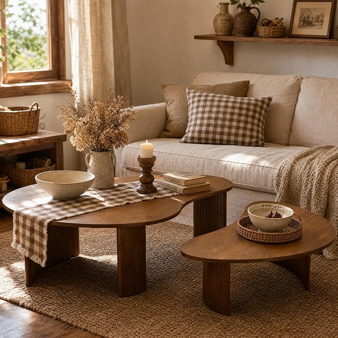 Mid Century Modern Nesting Coffee Tables Set of 2 – Walnut Ash Veneer with Fluted Solid Wood Legs, Mango-Shaped End Tables for Living Room, Farmhouse & Contemporary Style