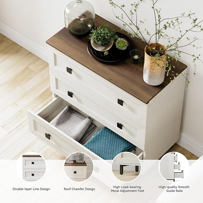 Modern White Dresser for Bedroom with 3 Drawers,Chest of Drawers with Organizer Storage for Bed Room,Livingroom Hallway