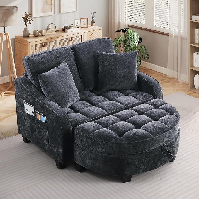 Oversized Chaise Lounge Chair Indoor with Ottoman, Chenille Tufted Comfy Loveseat Sofa Chair with Adjustable Backrest, Fluffy Recliner Sofa, Convertible Sleeper Couch Bed for Living Room(51"W, Black)