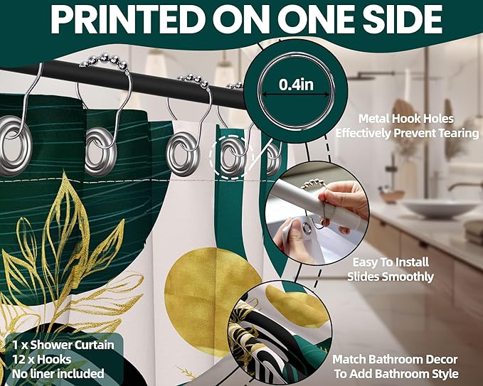 Dark Green Shower Curtain Boho Mid Century Modern Emerald Hunter Green and Gold Shower Curtains for Bathroom Decor, Waterproof Cloth Fabric with Hooks, 70" W x 78" L
