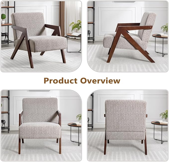 Bonzy Home Mid-Century Modern Accent Chair Set of 2 with Wood Frame, Upholstered Armchair for Bedroom & Living Room, Linen Fabric Cushion, Z-Shaped Armrest Design, Sturdy Lounge Chair