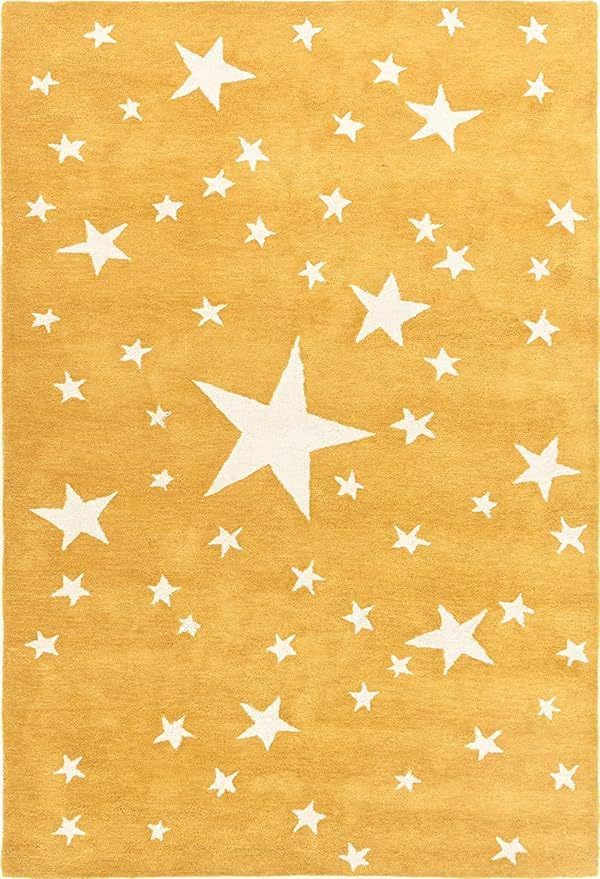 Shivanshrugś Hand-Tufted Wool Area Rug, Mustard Yellow with White Stars Pattern, Modern Celestial Design for Living Room Bedroom