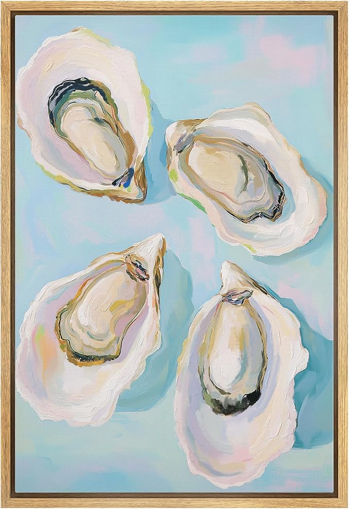 MUDECOR Framed Canvas Print Wall Art Colorful Oyster Shells Coastal Kitchen or Beach House Sea Illustrations Minimalism Decorative Bohemian Geometric Retro for Bedroom - 16"x24" Natural