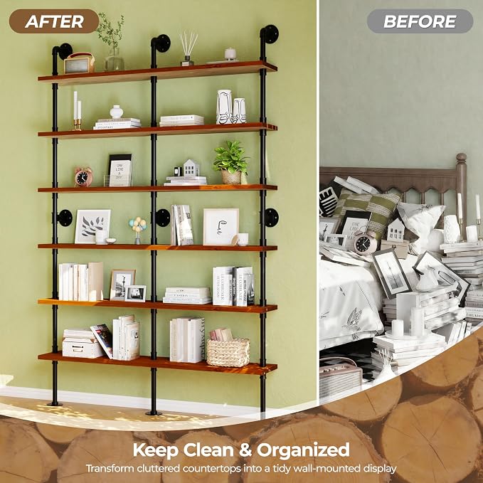 6 Tier Industrial Ladder Shelf Bookcase, Wall Mounted Rustic Bookshelf for Living Room Decor and Storage (Walnut Color, 6 Tier - 10" D x 60" W x 82.5" H)