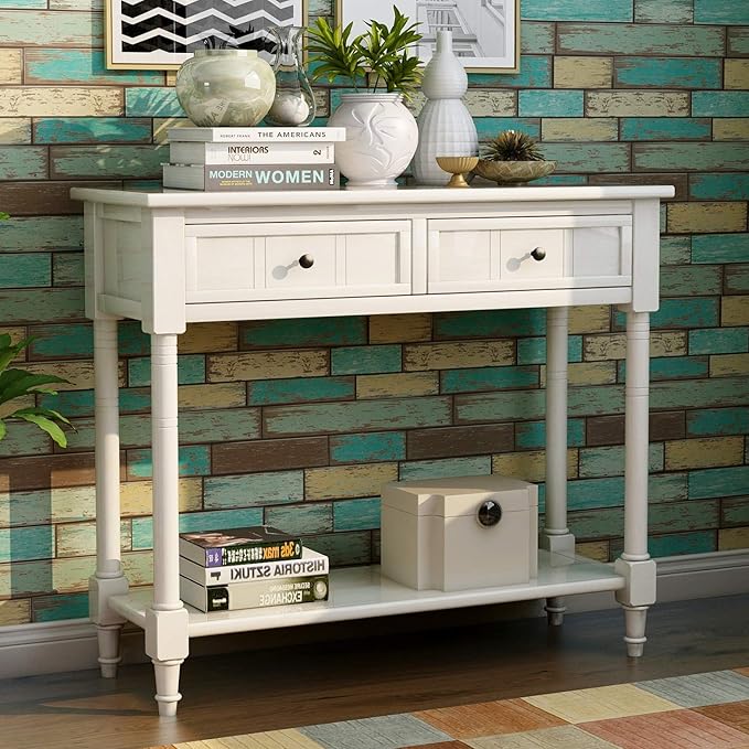 35.43” Console Table with Drawers & Bottom Open Shelf, Rustic Entryway Table with Storage, Ivory White