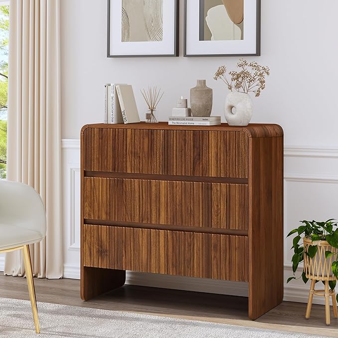 BERRYMERRY Flute 3 Drawer Dresser,31.5" Wide Dresser Nightstand for Bedroom,Mid Century Modern Wood Chest of Drawer with Curved Profile,Large Nightstand with 3 Drawer for Closet