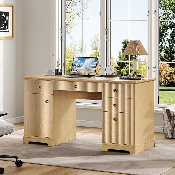 59" Modern Executive Desk with Drawers, Wood Home Office Computer Desk with Charging Station, 5 Drawers & 1 Cabinet, File Drawer, Fluted Computer Writing Desk for Study, Living Room, Bedroom, Oak