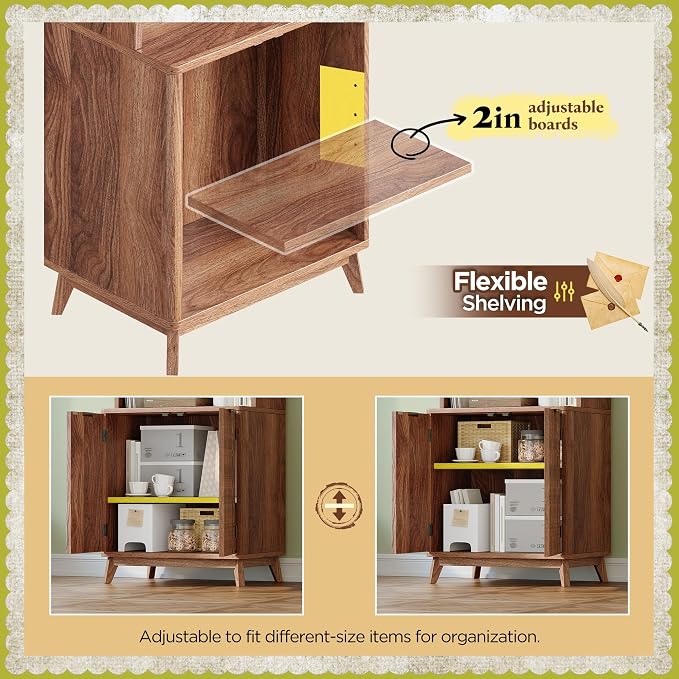 DurayLoly 6-Tier Bookshelf, Modern Bookcase with Fluted Doors & Adjustable Shelves, Mid-Century Cabinet, Wooden Book Shelf for Home Office, Living Room, Kitchen, Walnut