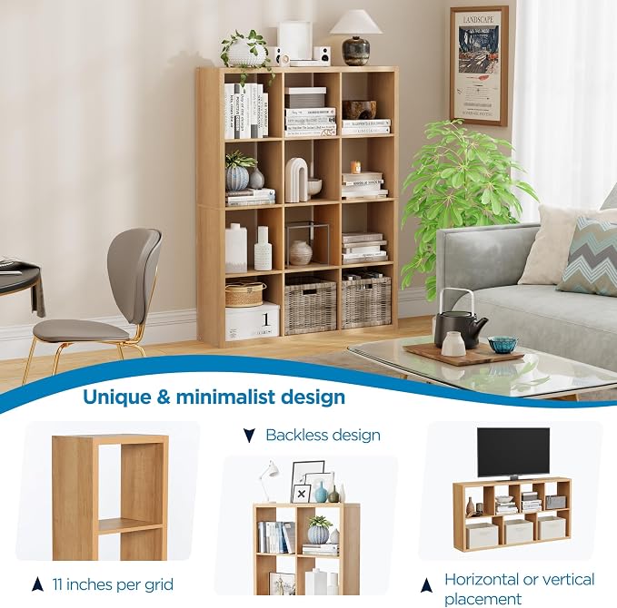 12 Cube Storage Organizer, Wooden Cube Shelf Bookcase with Reinforced Thick Shelves, Heavy-Duty 36.93" L x 9.37" W x 48.82" H, for Living Room Bedroom Home Office, Natural-Oak
