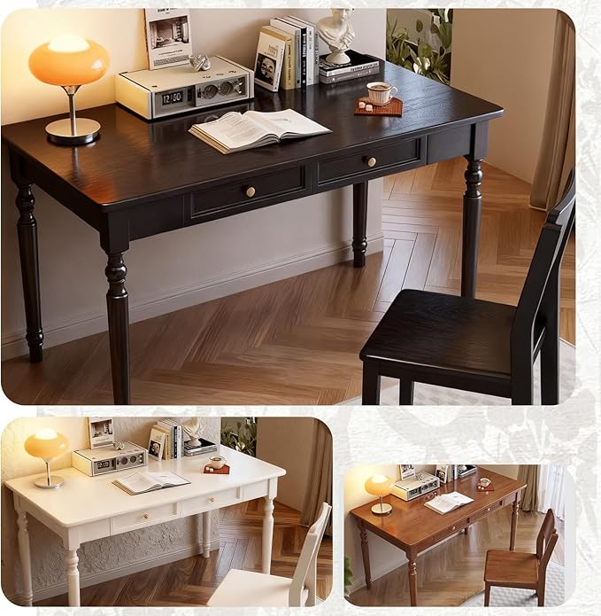 Solid Wood French Country Desk,Writing Desk with Storage Drawers,Farmhouse Computer Table Makeup Table Modern Simple Style,for Home Office Living Room Study Workspace Bedroom (Walnut, 47.2IN)