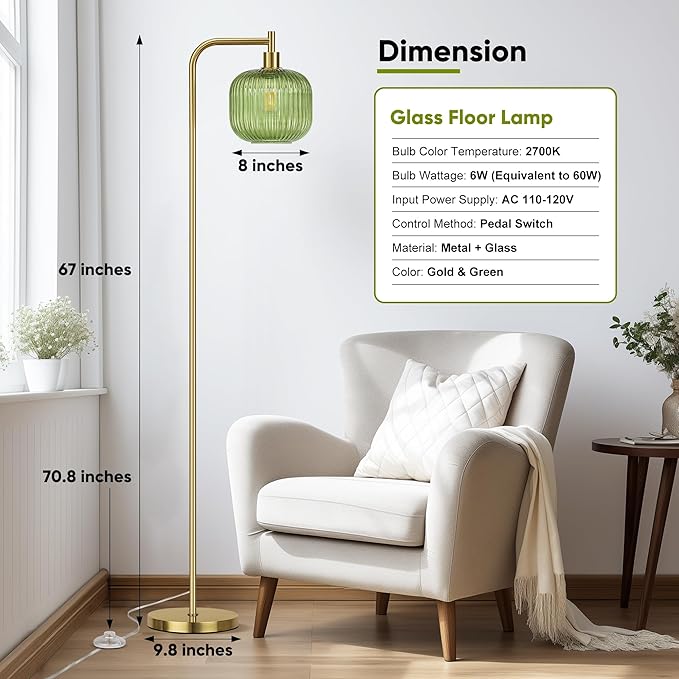 QiMH Glass Floor Lamp for Living Room, Modern Standing Lamp with Ribbed Glass Lampshade Pedal Switch, 67” Tall Lamp for Bedroom Study Room, Brushed Gold (2700K LED Bulb Included)
