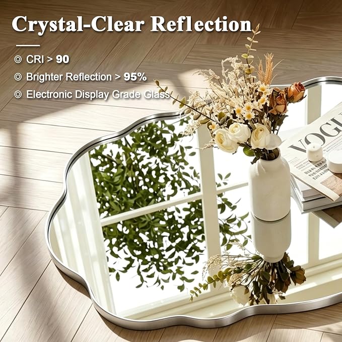 ANDY STAR Chrome Wavy Scalloped Mirror - 24x32 Inch Modern Oval Bathroom Mirror, Unique Irregular Wall Mirror with Heavy Duty SUS Metal Frame