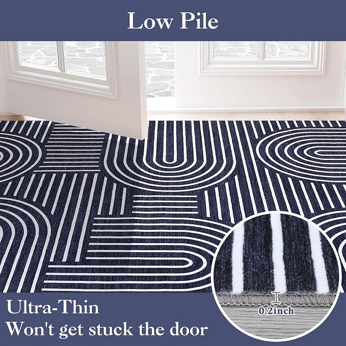 Area Rug 8x10 Washable Modern Geometric Lines Rug Low Pile Soft Bedroom Carpet Non Slip Non Shed Living Room Accent Carpets Ultra-Thin Foldable Boho Carpet for Playroom Farmhouse Dining, Blue
