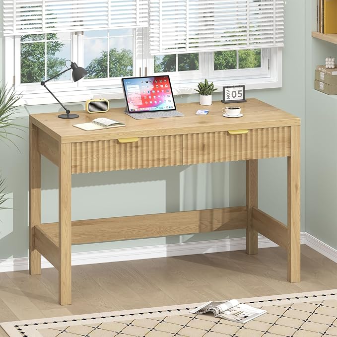 YOMILUVE Fluted Computer Desk with 2 Drawers, 39 Inch Small Computer Desk with Storage, Compact Writing Study Desk for Small Spaces