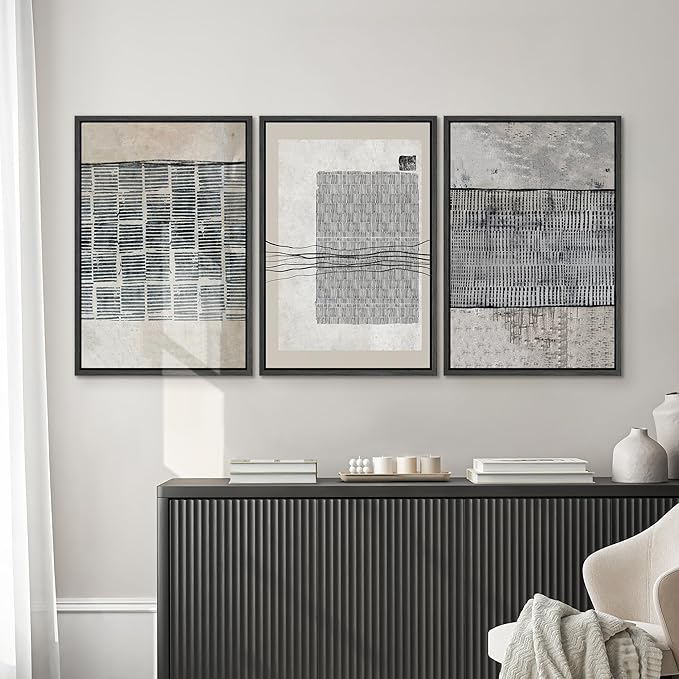SIGNWIN Framed Canvas Print Wall Art Set Black Tan Industrial Line Art Pattern Abstract Shapes Cozy Neutral Decorative Contemporary Minimal for Living Room, Bedroom, Office - 24"x36"x3 Black