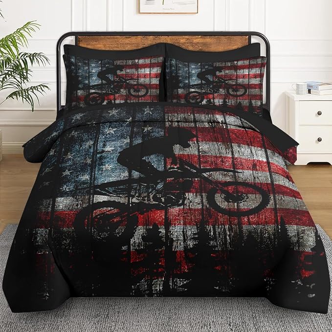 WeCozy 5 Pcs Twin Size Comforter Set with Pillowcase & Sham, American Flag Wood Vintage Motocross Bedding for Kids and Adults, America Motorcycle Bed in a Bag with Flat Fitted Sheet