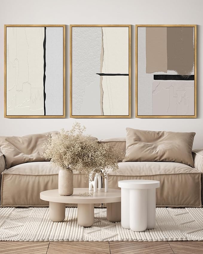 KUVIOKE Neutral Abstract Framed Wall Art Beige Mid Century Textured Wall Decor Minimalist Modern Illustrations Art Print Home Decor 16x24in (Natural Framed)