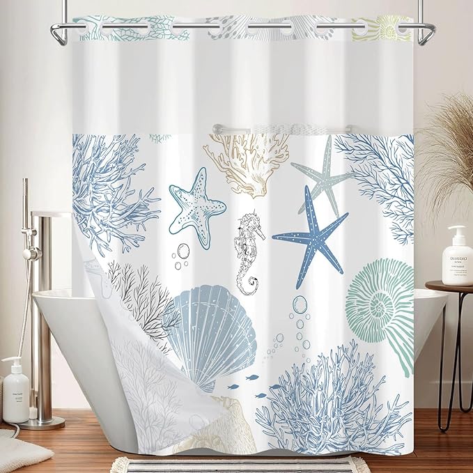 No Hook Shower Curtain with Snap in Liner Set - Sea Seashells, Starfish & Coral Print Shower Curtains for Coastal Nautical Ocean Bathroom, Waterproof Bath Curtain with Mesh Top, 71x74 Inch