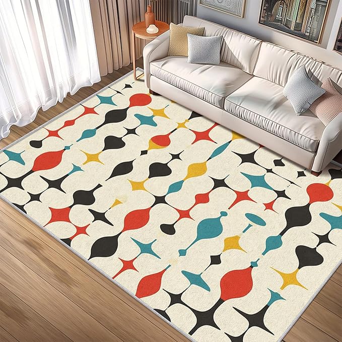 Mid Century Rugs for Living Room 8x12, Retro 50s Colorful Geometric Abstract Modern Pattern Design Area Rug, Mid Century Bedroom Decor Carpet, Non Slip, Washable (RG713)