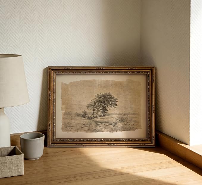 Vintage Gold Framed Sepia Country Landscape Sketch Wall Art, Rustic Tree Grove Canvas Prints, Antique Rural Path Drawing Poster Artwork for Modern Farmhouse Living Room Office Wall Decor，16x24in