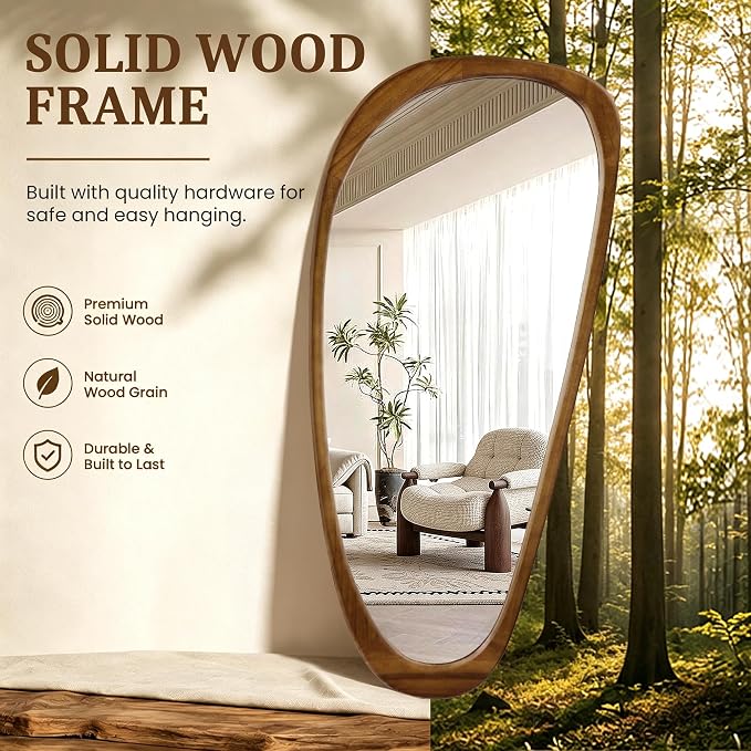 Asymmetrical Mirror, 48"x22" Irregular Mirror Full Length, Wood Wall Mirror for Bathroom Bedroom Living Room Entryway Hallway, Mid Century Modern Decor (Natural Wood)