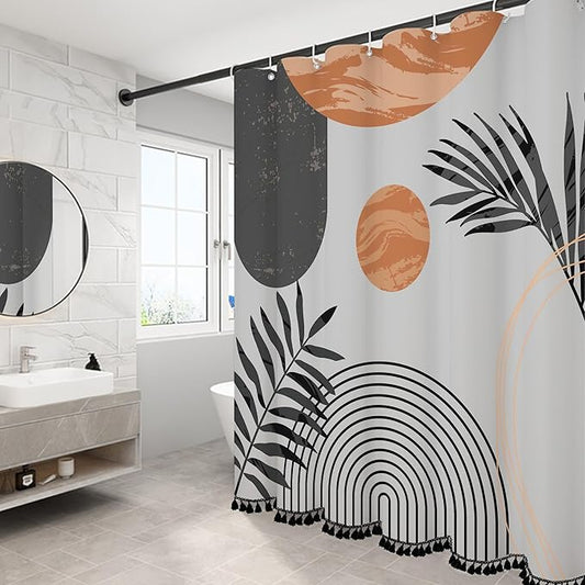 Boho Mid Century Leaf Shower Curtain Set,Arch Sun Design,Minimalistic Leaves Pattern,Waterproof and Luxurious Fabric-12 Hooks(Grey-72" x 78")